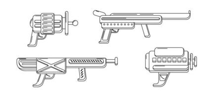 Vector line art blasters collection. Toy gun set coloring page. Futuristic weapon design. Space game gun outline icons on white background