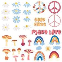 A collection of stickers from the 1970s. Rainbow, camomile, peace symbol, mushrooms, text. Set of hipster retro cool rainbow psychedelic elements vector