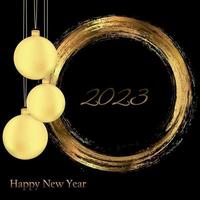 Happy New Year 2023 greeting card poster. Black background. Confetti. Circle frame. vector