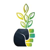 Hand holding tree logo template design. Green tree growing in hand vector illustration.