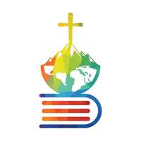 diseño vectorial del logotipo cruzado de la biblia global con montaña. cruz en la montaña con el libro de acebo. vector