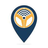 Combinación de logotipo de puntero de mapa y timón de coche. volante y diseño de vector de símbolo de localizador gps.