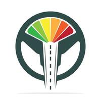 diseño del logotipo de la escuela de conducción. icono de vector de carretera y medidor de velocidad del volante.