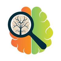 lupa de cerebro orgánico y diseño de logotipo de árbol. búsqueda de árbol en el diseño de concepto de mente. vector