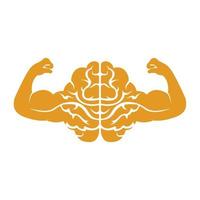 Strong brain vector logo design. Brain with strong double biceps.