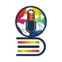 diseño de logotipo de icono de globo de podcast educativo. Ilustración de vector de plantilla de logotipo de libro de difusión internacional.