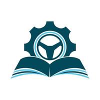 diseño del logotipo de la escuela de conducción. volante con cog e icono de libro. vector