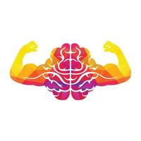 Strong brain vector logo design. Brain with strong double biceps.