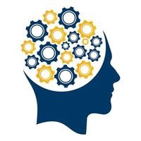 diseño de icono de logotipo de cabeza humana de tecnología. forma de cerebro de cabeza humana digital con genio de innovación de concepto de idea de engranajes. vector