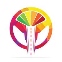 Driving school logo design. Steering wheel road and speed meter vector icon.