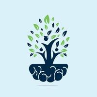 Student tree grow on brain concept. Smart student brain roots logo. vector