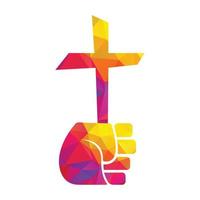 Hand hold Christ cross logo. Holy cross hold in hand concept design. vector