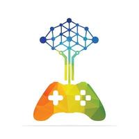 Gaming Networking tree logo concept design template. Joystick with technical tree icon vector design.