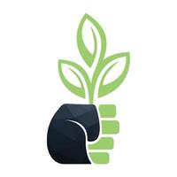 Hand holding tree logo template design. Green tree growing in hand vector illustration.