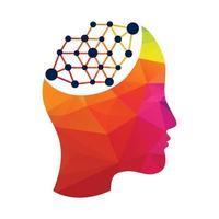 Human brain as digital circuit board. Artificial intelligence icon. Techno woman head logo concept creative idea. vector