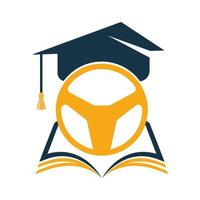 Driving school Logo Template Design. Steering wheel with graduation cap and book icon. vector