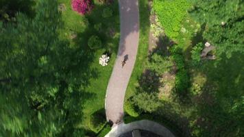 Adult woman with red hair runs outdoors on a brick paved pathway video