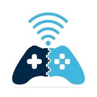 joystick and wifi logo combination. wireless gaming logo design. vector