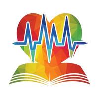 estudio del concepto de logotipo de cardiología. combinación de latidos del corazón con libro. vector