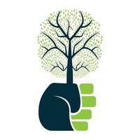 Hand holding tree logo template design. Green tree growing in hand vector illustration.