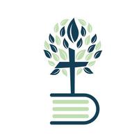 diseño del logotipo del árbol cruzado de la biblia. diseño de plantilla de vector de cruz de árbol de iglesia cristiana.