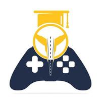 logotipo de la escuela de conducción de juegos. Combinación de volante con joystick y gorra graduada. vector