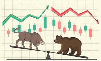 superiority of bulls over bears in the struggle for an uptrend, on scales as illustration of the stock market. a graph with up down arrow  cryptocurrency stock exchange vector banner