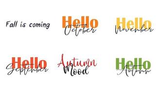 Fall lettering set sticker banner inscription on an autumn theme with leaves of different colors with acorns rowan mushrooms and spikelets. vector flat illustration