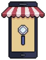 Pixel art mobile phone with shop awning and magnifying glass icon. Online store search vector icon for 8bit game on white background