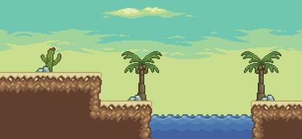 Pixel art desert game scene with palm tree, oasis, cactuses 8bit landscape background vector