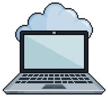 Pixel art laptop and cloud. Store data in the cloud vector icon for 8bit game on white background