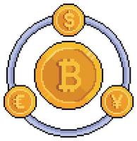 pixel art intercambia monedas fiduciarias por bitcoin. icono de vector de dólar, euro y yen para juego de 8 bits sobre fondo blanco