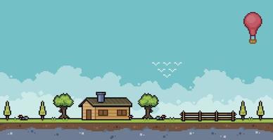 paisaje de campo de arte de píxeles. granja con casa, valla y árboles fondo de juego de 8 bits vector