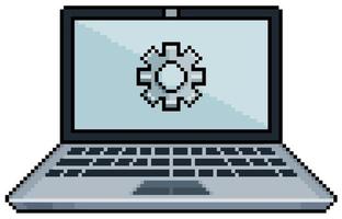 Pixel art laptop with gear icon on screen. computer settings vector icon for 8bit game on white background