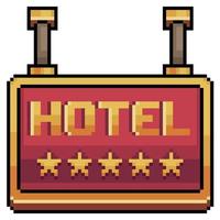 Pixel art 5 star hotel sign. red and gold plate vector icon for 8bit game on white background