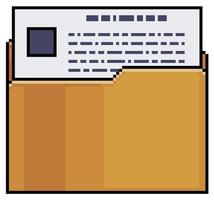 Pixel art folder with document vector icon for 8bit game on white background