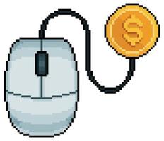 Ratón de computadora de arte de píxeles conectado a moneda y icono de vector de dinero para juego de 8 bits sobre fondo blanco
