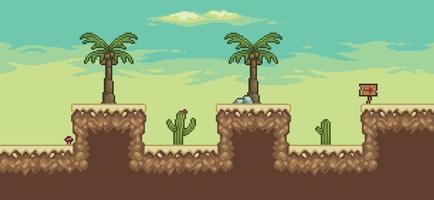 Pixel art desert game scene with palm tree, cactuses, 8bit background vector