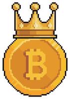 Pixel art bitcoin with crown, bitcoin king vector icon for 8bit game on white background