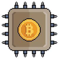 Pixel art bitcoin processor, cryptocurrency processing vector icon for 8bit game on white background