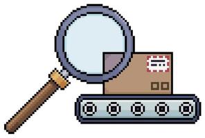 Pixel art box on industrial belt and magnifying glass. Box analysis with magnifying glass vector icon for 8bit game on white background