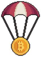 Pixel art parachute with bitcoin vector icon for 8bit game on white background