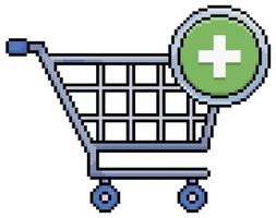 carrito de compras de pixel art con icono de agregar. icono de vector de carro de supermercado para juego de 8 bits sobre fondo blanco