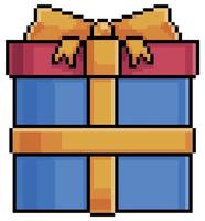 pixel art caja de regalo azul y roja con icono de vector de cinta dorada para juego de 8 bits sobre fondo blanco