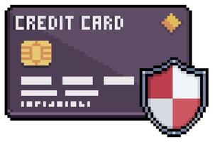 Pixel art credit card with security shield vector icon for 8bit game on white background