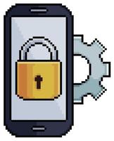 Pixel art cell phone with padlock and gear vector icon for 8bit game on white background