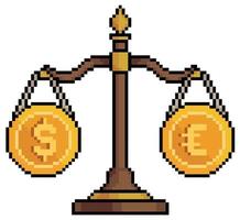 Pixel art scales with dollar and euro coins vector icon for 8bit game on white background