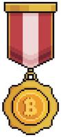 Pixel art bitcoin medal, cryptocurrency award vector icon for 8bit game on white background