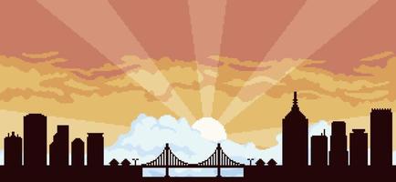 fondo de la ciudad de arte de píxeles al atardecer con edificios, construcciones, puente y cielo nublado para un juego de 8 bits