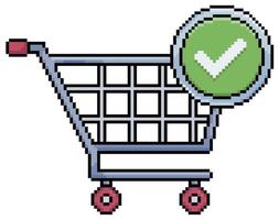 carrito de compras de pixel art con icono de vector de icono verificado para juego de 8 bits sobre fondo blanco